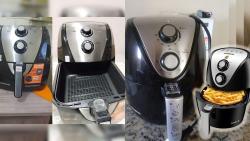 Comparativo visual de airfryers pequena, média e grande Comparativo visual de airfryers pequena, média e grande